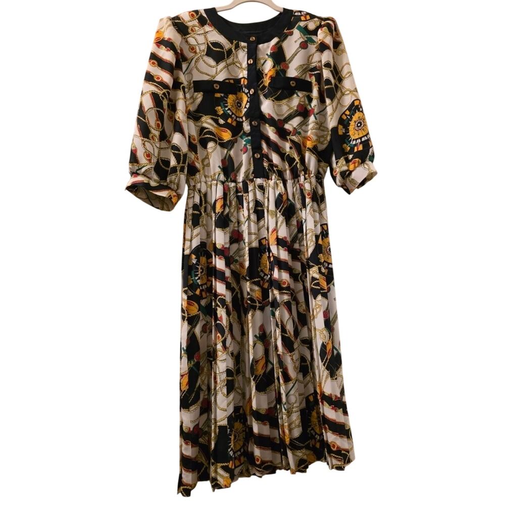 Vtg 80s Aquestrian Print Dress Breli Originals Union USA Made Old Money Size L